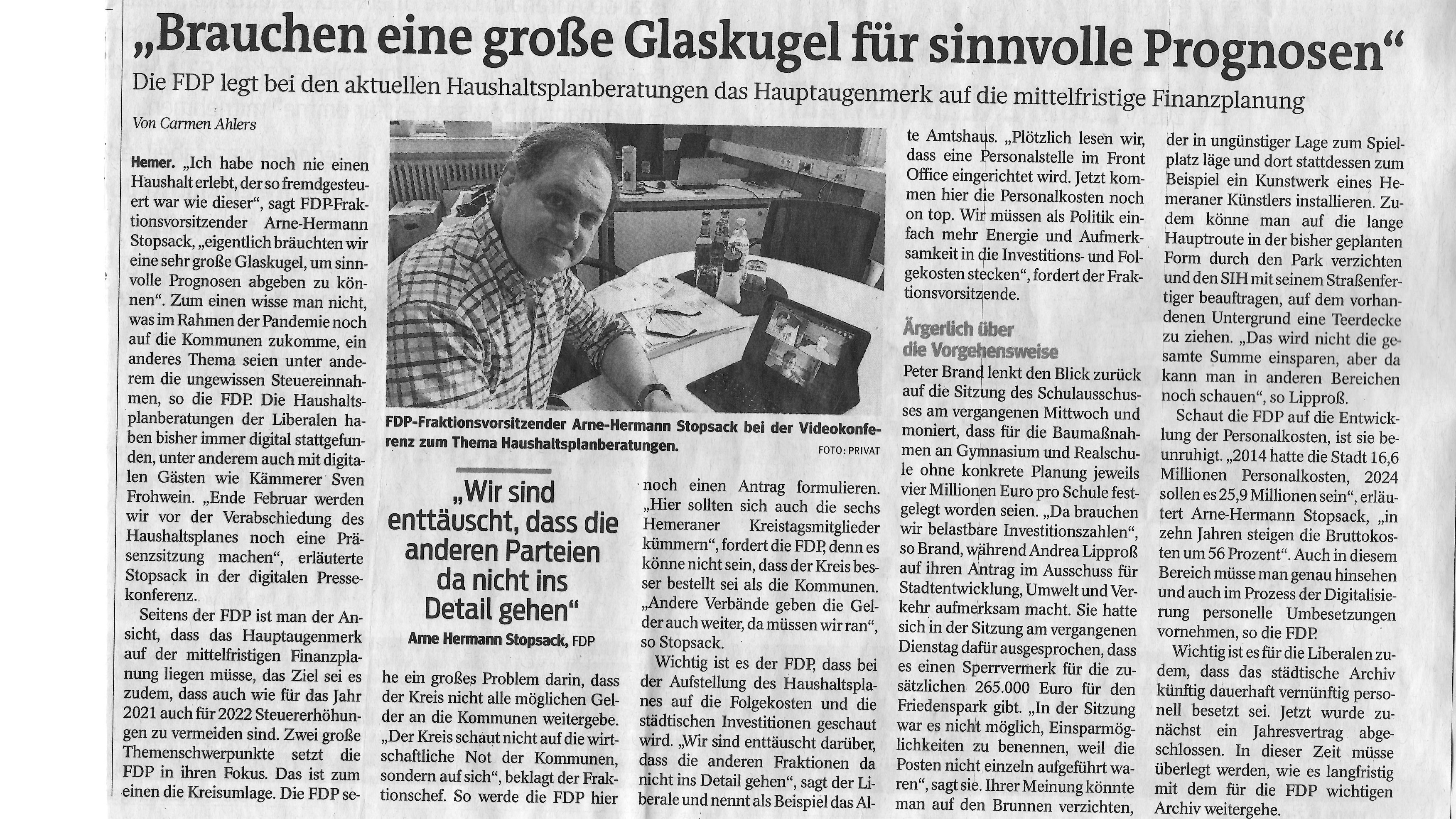 Haushaltsplanberatungen FDP Hemer 2021